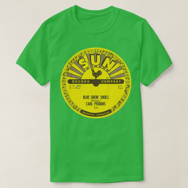 Sol registrerar Vinyl Carl Perkins Blue Suede Shoe T Shirt (Design framsida)