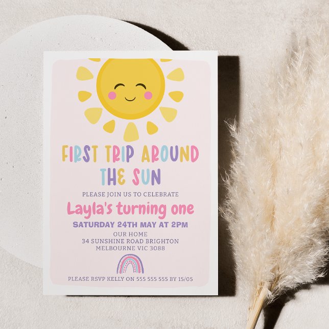 Sol Regnbåge först Resa runt Sol 1:a födelsedag Inbjudningar (Printable First Trip Around the Sun Birthday Invitation, Editable Boho Sunshine Rainbow Invite )