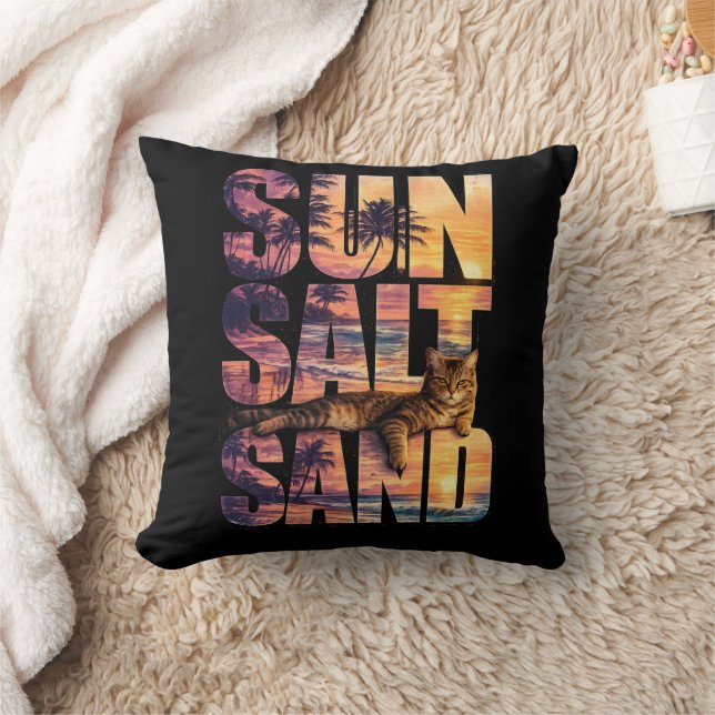 Sol Salt Sand Strand Katt Solnedgång Svart Kudde (Filt)