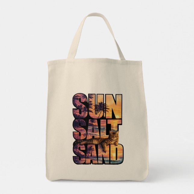 Sol Salt Sand Strand Katt Solnedgångs Shoppingväsk Tygkasse (Baksida)