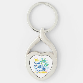Sol Salt Sand – Tropisk Strand Palmträd Sommar Twisted Heart Silverfärgad Nyckelring