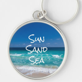 Sol Sand Sea Tropical Beach Turquise Vatten Rund Silverfärgad Nyckelring