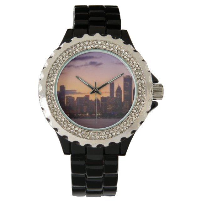 Sol sätter över Chicagoskylinen Armbandsur (Framsida)