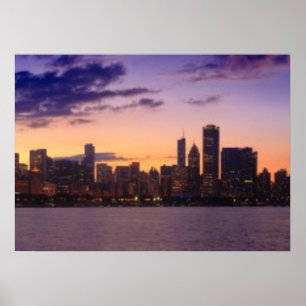 Sol sätter över Chicagoskylinen Poster