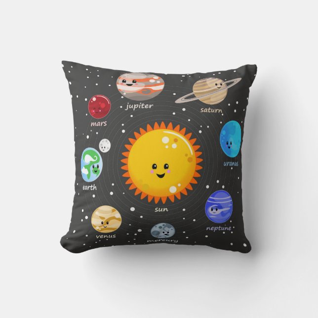 Sol- sol och planet för systemkawaiiillustration kudde (Framsida)