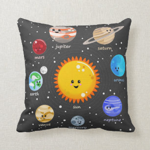 Sol- sol och planet för systemkawaiiillustration kudde