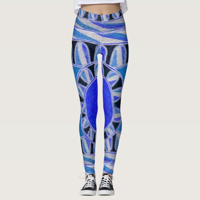 SOL SOLAR ENERGY Abstrakt Geometric White Blue Leggings (Framsida)