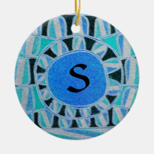 SOL SOLAR ENERGY MONOGRAM Teal Aqua Blue Black Julgransprydnad Keramik