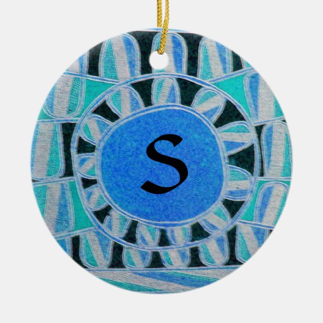 SOL SOLAR ENERGY MONOGRAM Teal Aqua Blue Black Julgransprydnad Keramik (Framsidan)