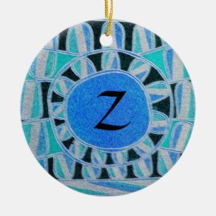SOL SOLAR ENERGY MONOGRAM Teal Blue White Julgransprydnad Keramik