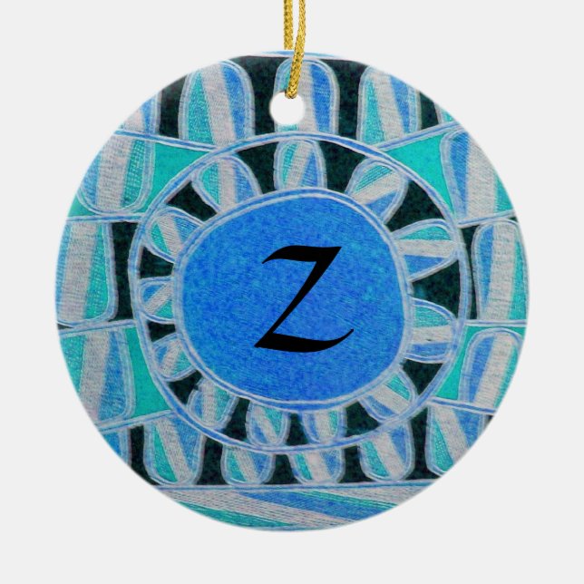 SOL SOLAR ENERGY MONOGRAM Teal Blue White Julgransprydnad Keramik (Framsidan)