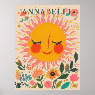 Sol Solig Dag Boho Blommig Illustration Förnamn Poster