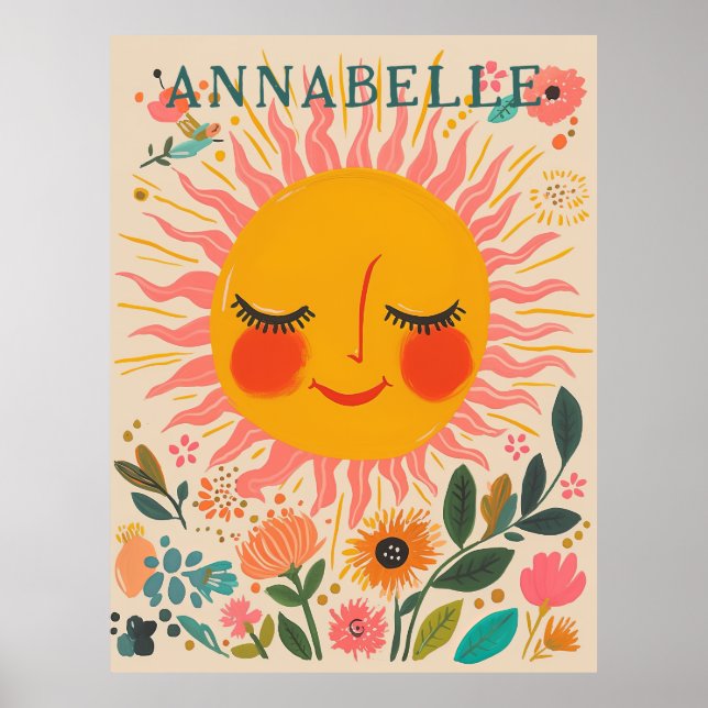Sol Solig Dag Boho Blommig Illustration Förnamn Poster (Framsidan)