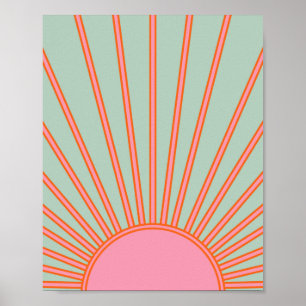 Sol Soluppgång Grönt och Rosa Abstrakt Retro Sunsh Poster