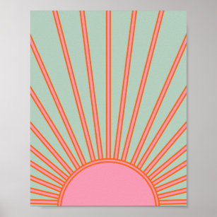 Sol Soluppgång Grönt och Rosa Abstrakt Retro Sunsh Poster