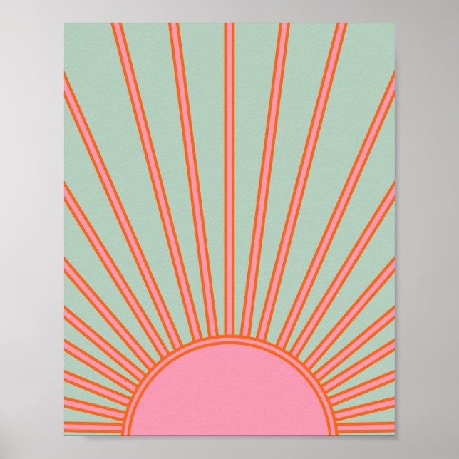 Sol Soluppgång Grönt och Rosa Abstrakt Retro Sunsh Poster (Framsidan)