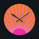 Sol Soluppgång Orange och Shock rosa Solnedgång Rund Klocka<br><div class="desc">Sol Skriv ut - shock rosa och orange - Solskin,  modern Abstrakt Geometric Sunrise.</div>