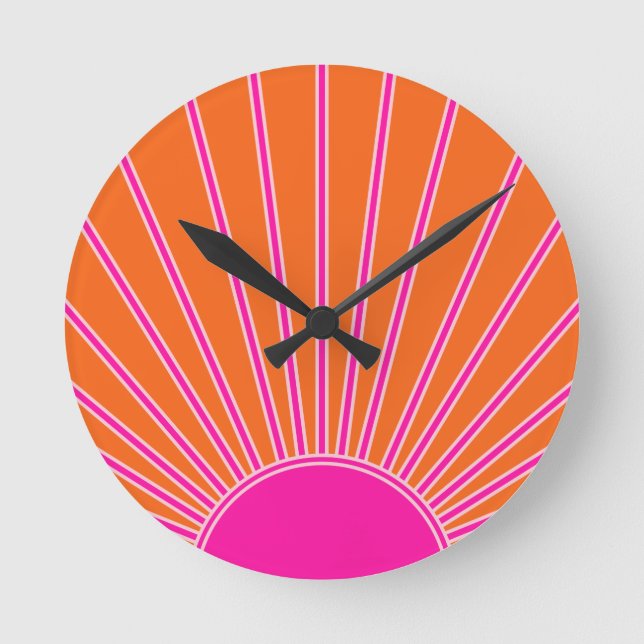 Sol Soluppgång Orange och Shock rosa Solnedgång Rund Klocka (Framsida)