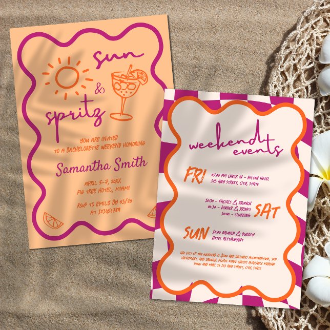 Sol & Spritz Bachelorette Helg Hand plockade Inbjudningar (Sun & Spritz Bachelorette Weeknd Scribble Hand Drawn Funky Summer Orange and Pink Invitation)