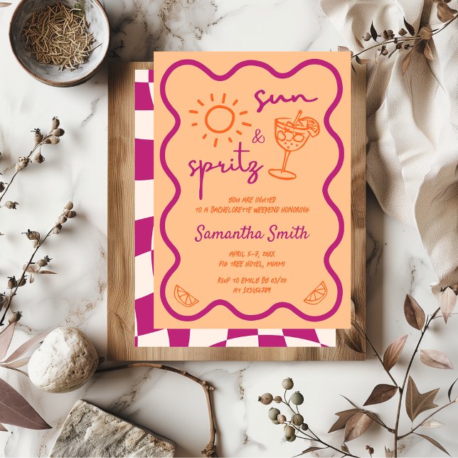 Sol & Spritz Bachelorette Party Hand plockade Funk Inbjudningar (sun & spritz bachelorette party invitation)