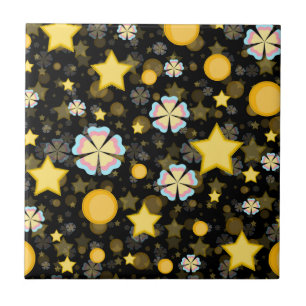 Sol Stars Flowers Glitter Black Design Kakelplatta