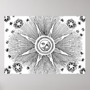 Sol Stjärnor Antik Natthimmel Medeltida Zodiak Poster
