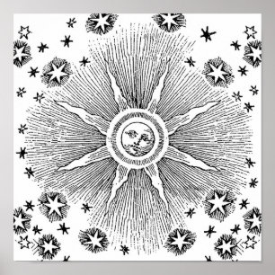 Sol Stjärnor Antik Natthimmel Medeltida Zodiak Poster