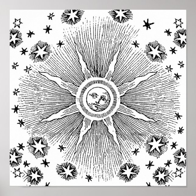 Sol Stjärnor Antik Natthimmel Medeltida Zodiak Poster (Framsidan)
