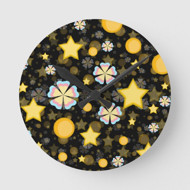 Sol Stjärnor Blommor Glitter Mönster Design Rund Klocka (Framsida)