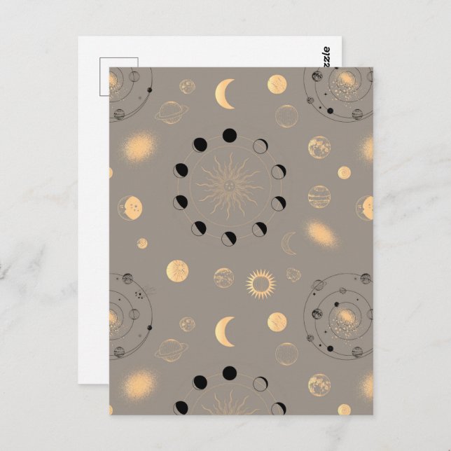 Sol stjärnor måne faser planterer svart guld på br vykort (Fram/baksida)