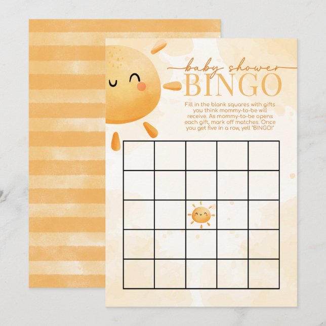 Sol Sunshine Baby Shower BINGO Game Inbjudningar (Fram/baksida)