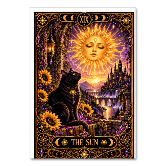 Sol Tarotkort Svart Katt Gotisk Gobeläng Bordsnummer (Framsidan)