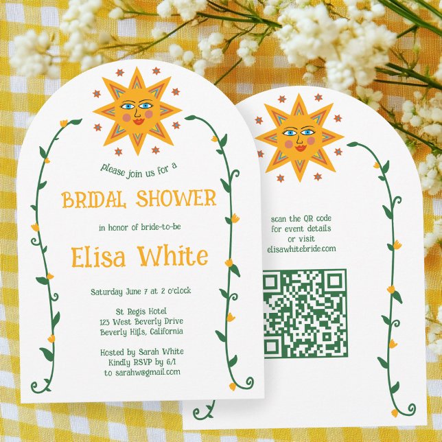 Sol & Vines Boho Arch Whimsical ANPASSNINGSBAR QR  Inbjudningar (Sun & Vines Boho Arch Whimsical CUSTOM QR Code Bridal Shower Invitation
)