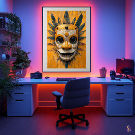 Sol Warrior Mask - Mesoamerican Ritual Symbol Poster