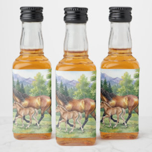 Sola Islandshäst och föl i bergsäng Spritflaskor Etikett