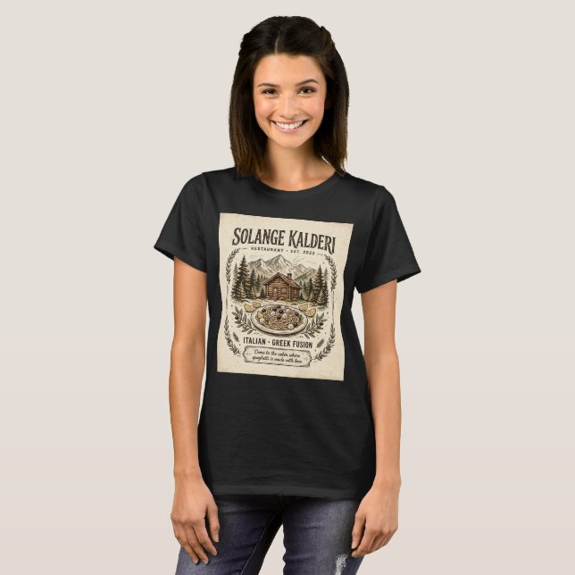 Solange Kalderi Restaurang Framlogo & Bakre Meny  T Shirt (Hel framsida)