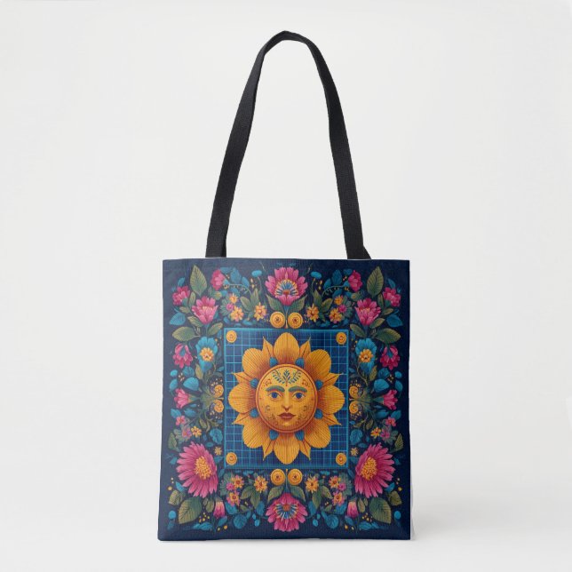 Solar Bloom - Folk Art Solarpunk Tote Tygkasse (Framsida)