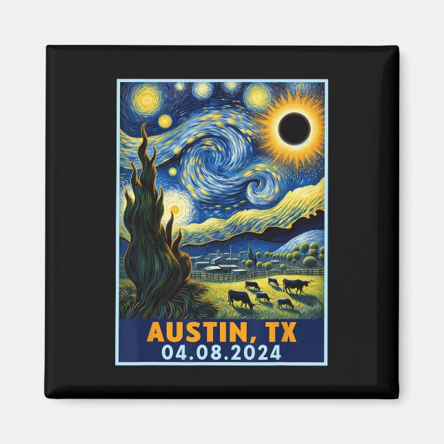 Solar Eclipse 2024 Austin Texas Van Gogh Starry Ni Magnet (Framsidan)