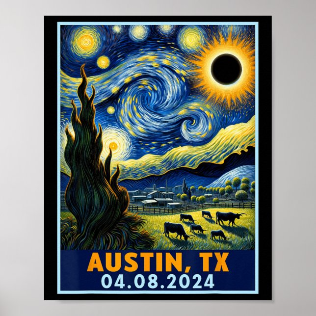 Solar Eclipse 2024 Austin Texas Van Gogh Starry Ni Poster (Framsidan)