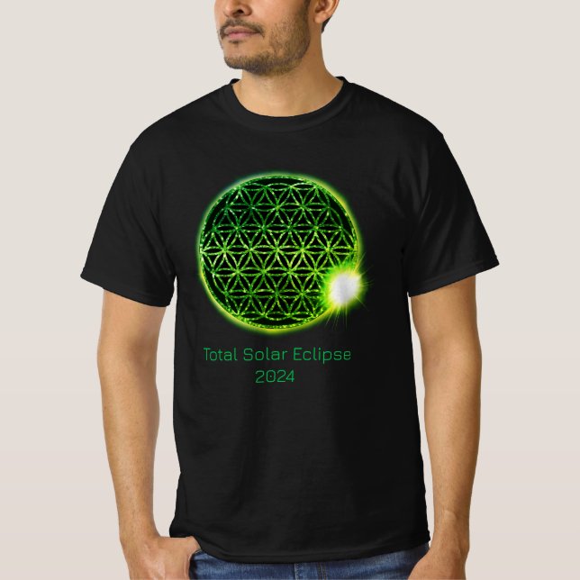 Solar Eclipse 2024 Grönt Sparkling Flower of Life T Shirt (Framsida)