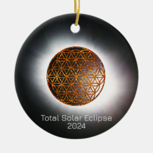 Solar Eclipse 2024 Guld Sparkling Flower of Life Julgransprydnad Keramik