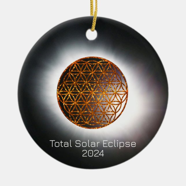 Solar Eclipse 2024 Guld Sparkling Flower of Life Julgransprydnad Keramik (Framsidan)