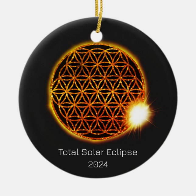 Solar Eclipse 2024 Guld Sparkling Flower of Life Julgransprydnad Keramik (Framsidan)