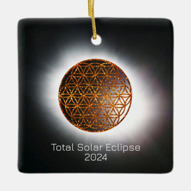 Solar Eclipse 2024 Guld Sparkling Flower of Life Julgransprydnad Keramik (Framsida)
