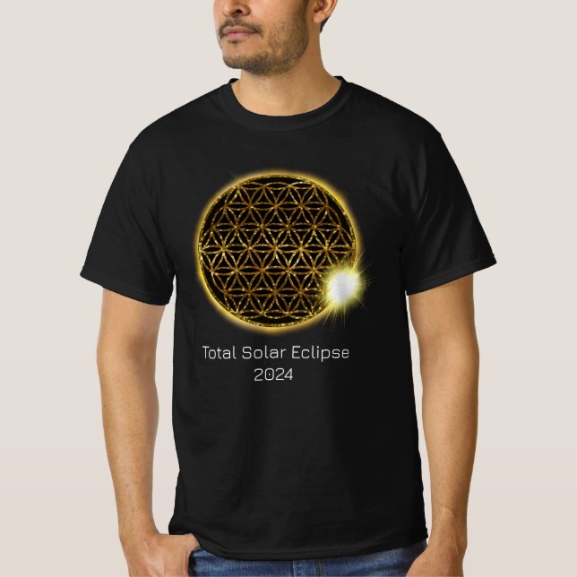 Solar Eclipse 2024 Guld Sparkling Flower of Life T Shirt (Framsida)
