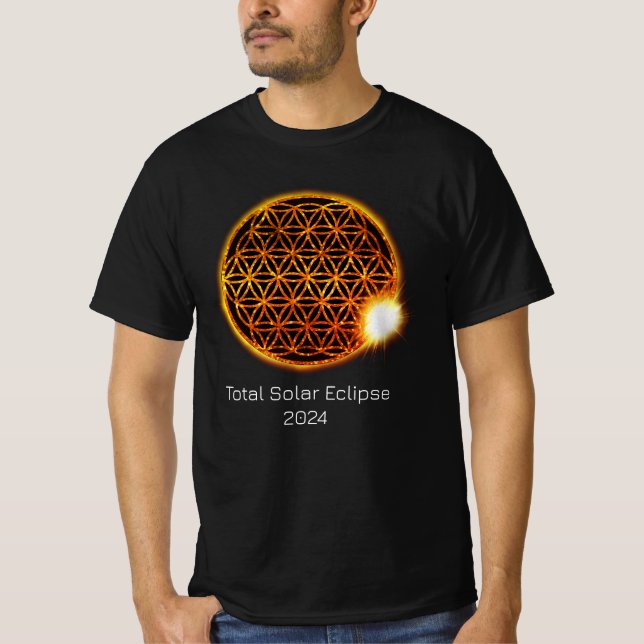 Solar Eclipse 2024 Guld Sparkling Flower of Life T Shirt (Framsida)