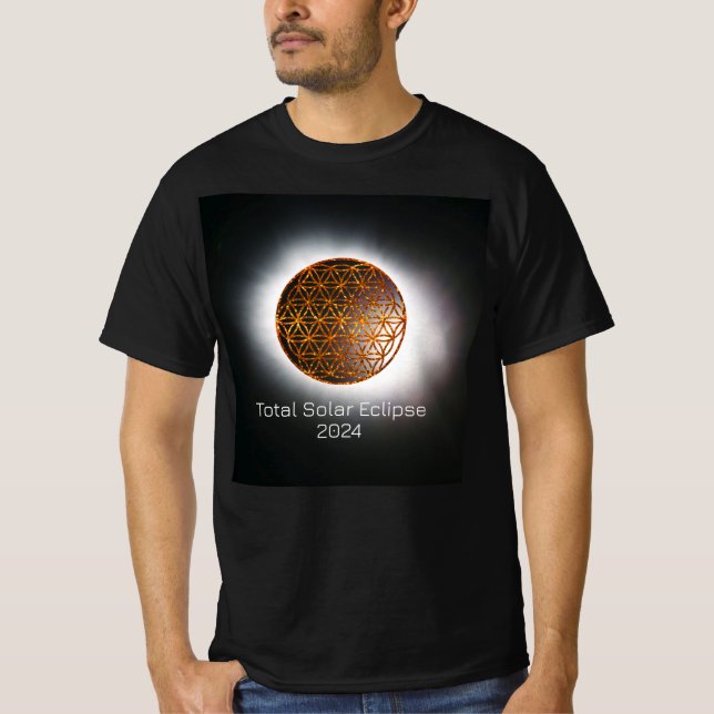Solar Eclipse 2024 Guld Sparkling Flower of Life T Shirt (Framsida)