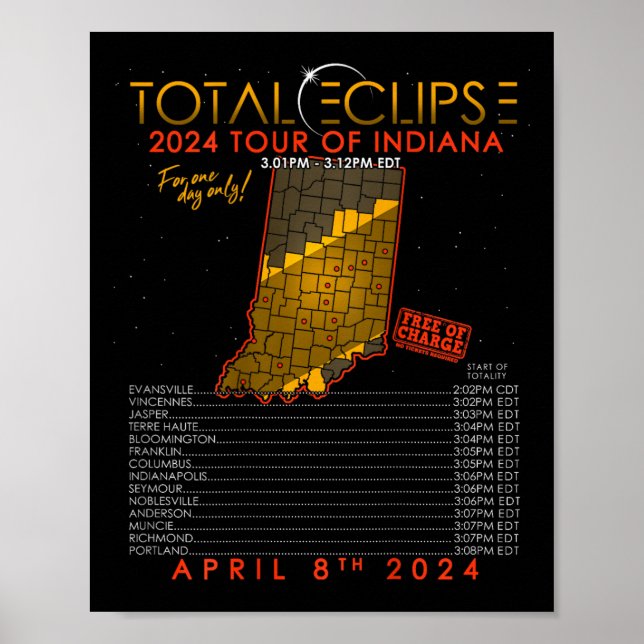 Solar Eclipse 2024 Tour of Indiana 8:e april Poster (Framsidan)