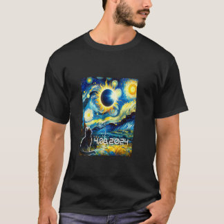 Solar Eclipse 2024 Tshirt cat with Van Gogh Starry T Shirt