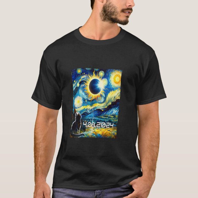 Solar Eclipse 2024 Tshirt cat with Van Gogh Starry T Shirt (Framsida)